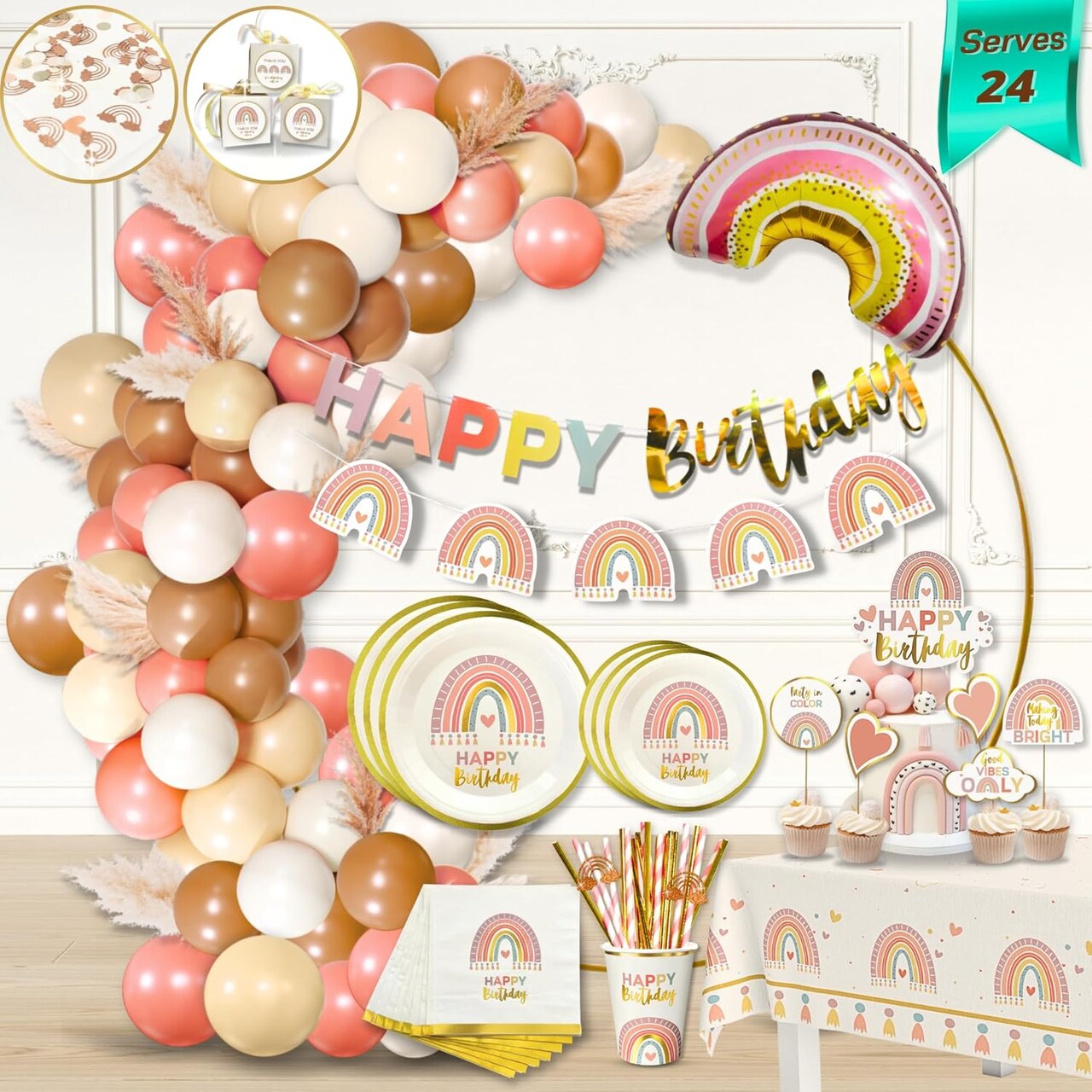 310 Pcs Boho Rainbow Birthday Decorations - Boho Balloon Arch Kit, Party Supplies serves 24, Banner, Garland, Cake and Cupcake Toppers, Confetti, Bohemian First, Pastel Dusty Pink Nude Blush Brown